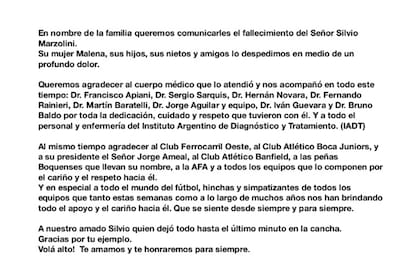 El comunicado de la familia de Marzolini