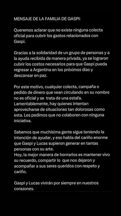 El comunicado de la familia de Gspi para desmentir una colecta solidaria