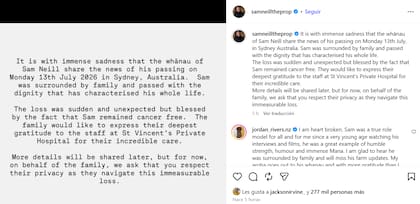 El comunicado de la familia de Sam Neill tras su muerte