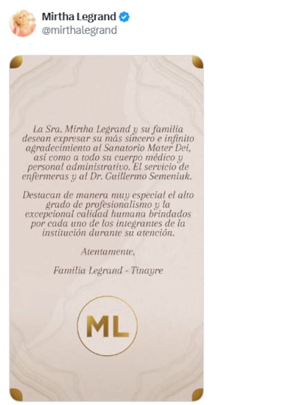 El comunicado de la familia luego de que Mirtha Legrand recibiera el alta (Foto: X @mirthalegrand)