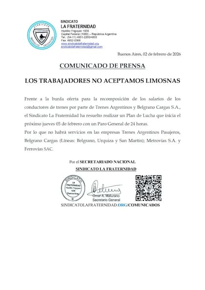 El comunicado de La Fraternidad con el que anunció el paro de trenes de este jueves 5 de febrero
