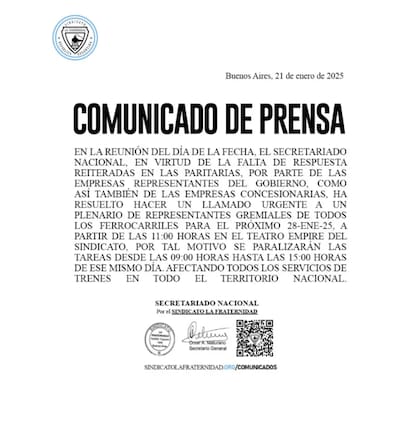 El comunicado de La Fraternidad sobre el paro de trenes de este martes 28 de enero