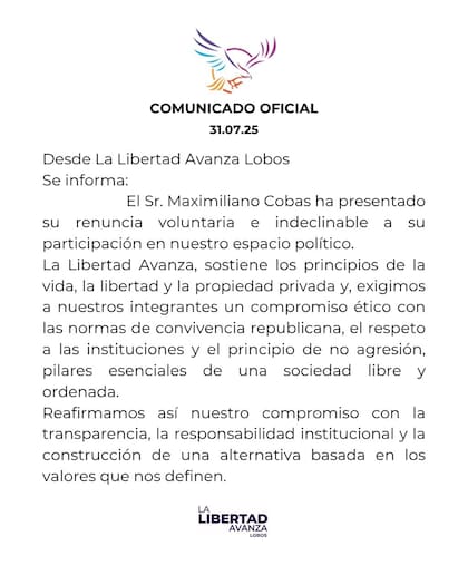 El comunicado de La Libertad Avanza sobre la renuncia de Maximiliano Cobas