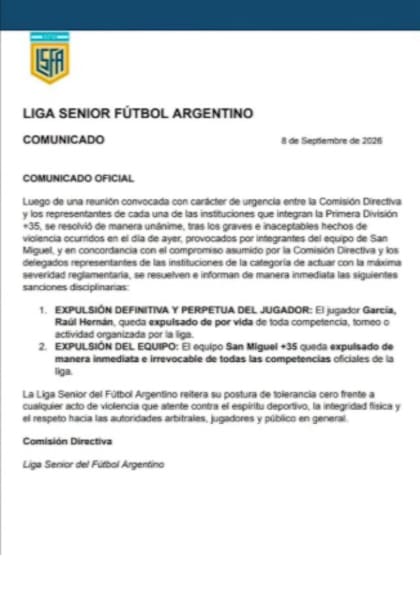 El comunicado de la Liga Senior con las sanciones