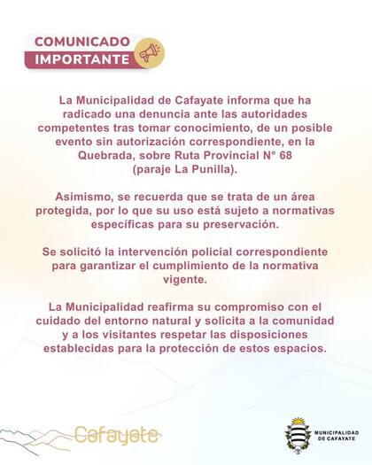 El comunicado de la municipalidad de Cafayate