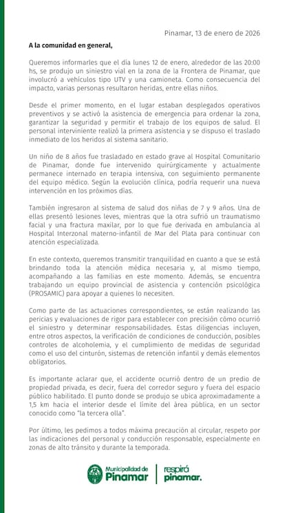 El comunicado de la Municipalidad de Pinamar.