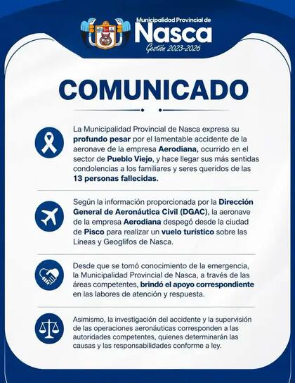 El comunicado de la Municipalidad sobre el accidente de avioneta en Nasca, Perú