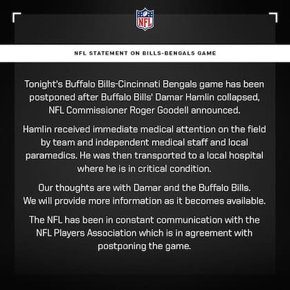 El comunicado de la NFL tras el colapso de Damar Hamlin