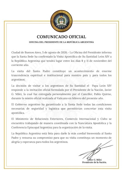 El comunicado de la oficina del Presidente