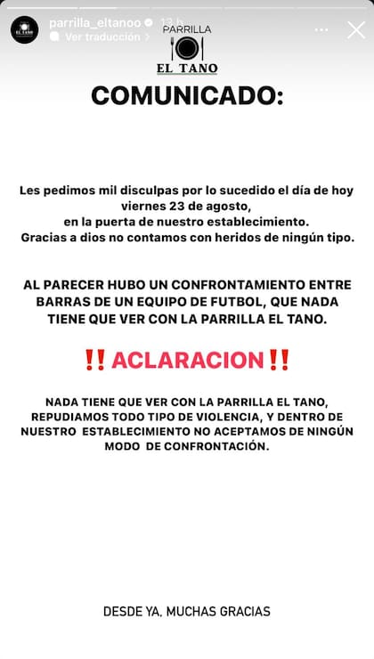 El comunicado de la Parrilla El Tano. Foto: captura