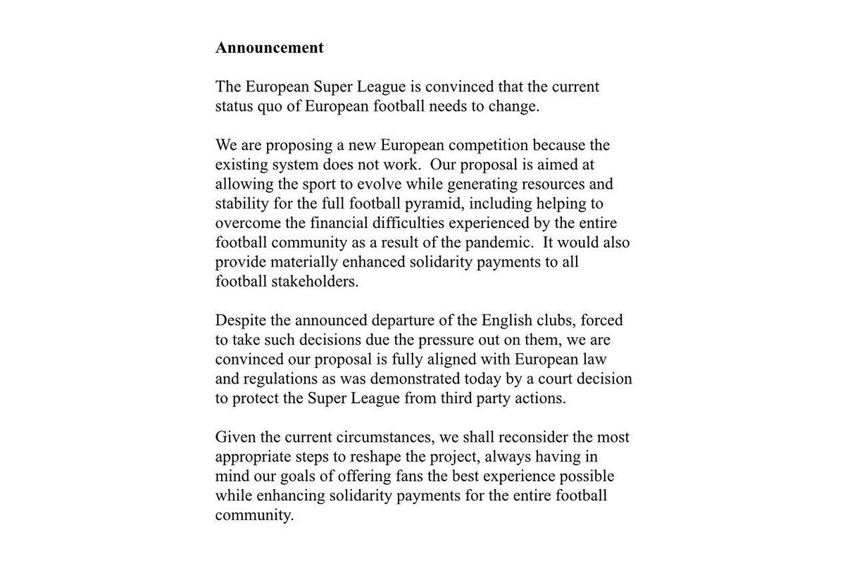 El comunicado de la Superliga Europea, en el que no se da por vencida y anticipa que reintentará.