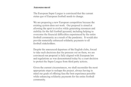El comunicado de la Superliga Europea, en el que no se da por vencida y anticipa que reintentará.