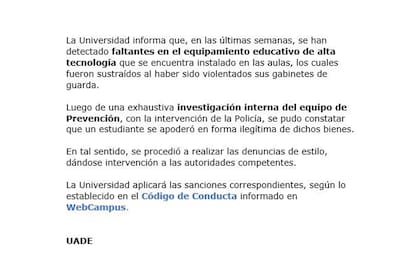 El comunicado de la UADE sobre el robo de equipo electrónico a manos de un alumno