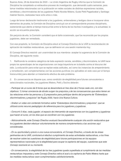 El comunicado de la UAR con la decisión