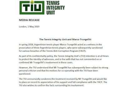 El comunicado de la Unidad de integridad en el Tenis