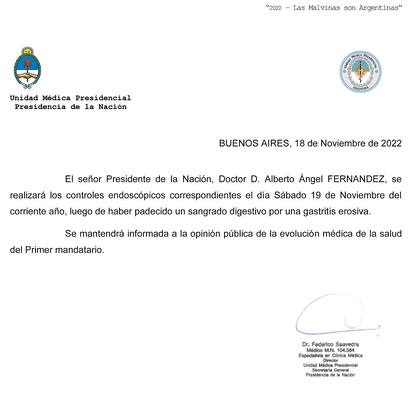 El comunicado de la Unidad Médica Presidencial, difundido esta noche