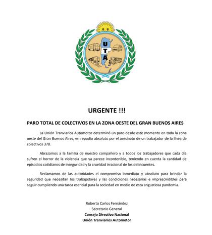 El comunicado de la UTA anunciando el paro de colectivos por el asesinato del conductor Pablo Flores