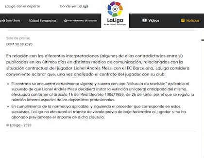 El comunicado de LaLiga en el que respalda la postura de Barcelona