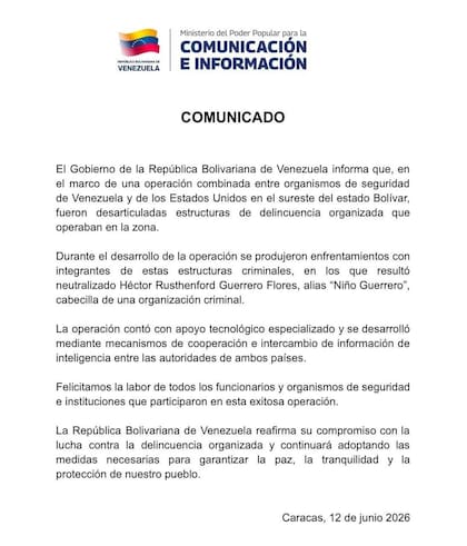 El comunicado de las autoridades venezolanas sobre la operación conjunta con Estados Unidos