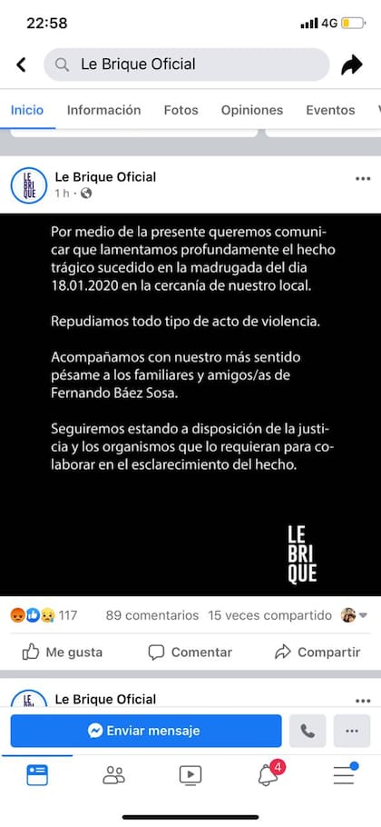 El comunicado de Le Brique lamentando la muerte de Fernando