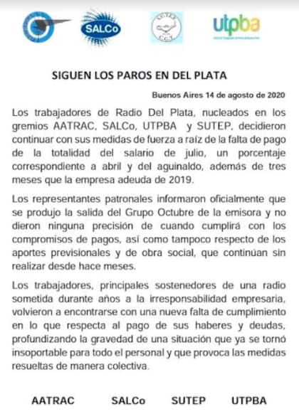 El comunicado de los gremios