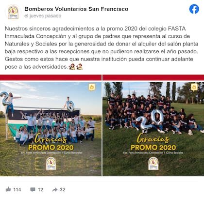 El comunicado de los Bomberos Voluntarios de San Francisco. Fuente: Facebook.