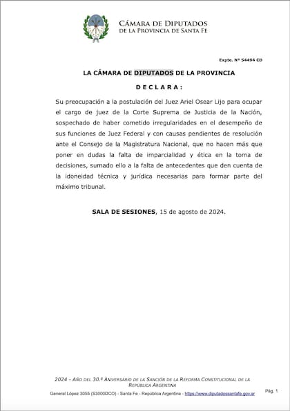 El comunicado de los diputados de la provincia de Santa Fe que expresa "preocupación" por la postulación del juez Lijo a ocupar la Corte Suprema de Justicia
