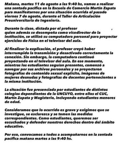 El comunicado de los estudiantes que participaron de la clase donde ocurrió el presunto incidente