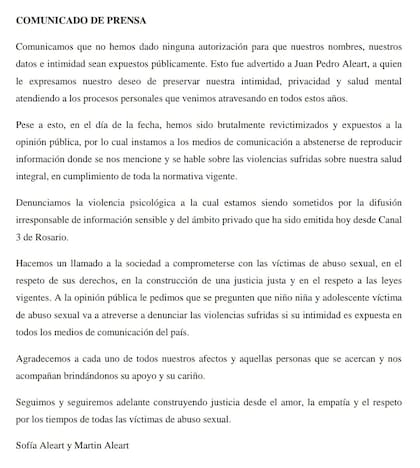 El comunicado de los hermanos de Juan Pedro Aleart