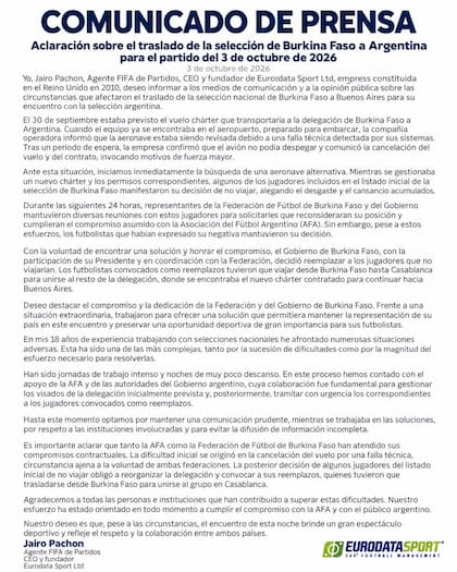 El comunicado de los organizadores del partido con Burkina Faso