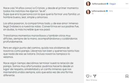 El comunicado de Luli Fernández en Instagram