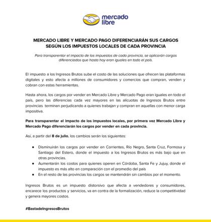 El comunicado de Mercado Libre donde anuncia la diferenciación de cargos por provincia