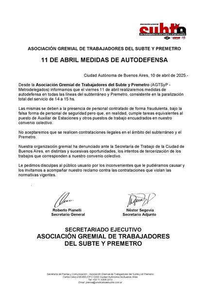 El comunicado de Metrodelegados por el cual se anunció el paro del subte este lunes 4 de agosto