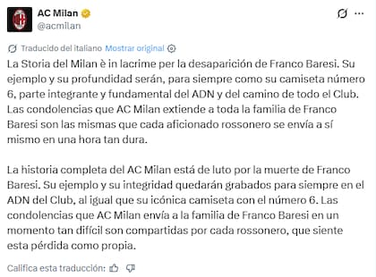El comunicado de Milan por la muerte de Baresi