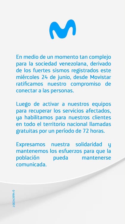 El comunicado de Movistar para abrir las comunicaciones gratuitas por 72 horas tras el terremoto en Venezuela