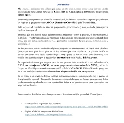 El comunicado de Nava tras haber sido seleccionada como candidata para viajar al espacio