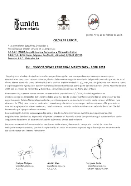 El comunicado de otro gremio, la Unión Ferroviaria