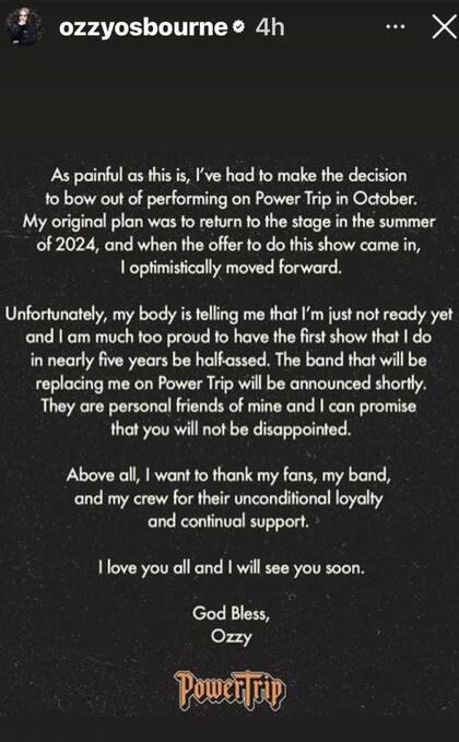 El comunicado de Ozzy Osbourne a través de su cuenta de Instagram