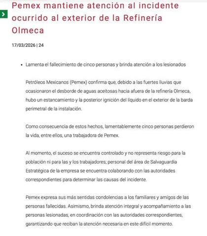 El comunicado de Pemex tras el incendio en la refinería Olmeca