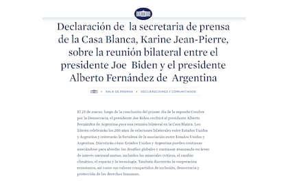 El comunicado de prensa con el que la Casa Blanca confirmó la reunión entre Alberto Fernández y Joe Biden.