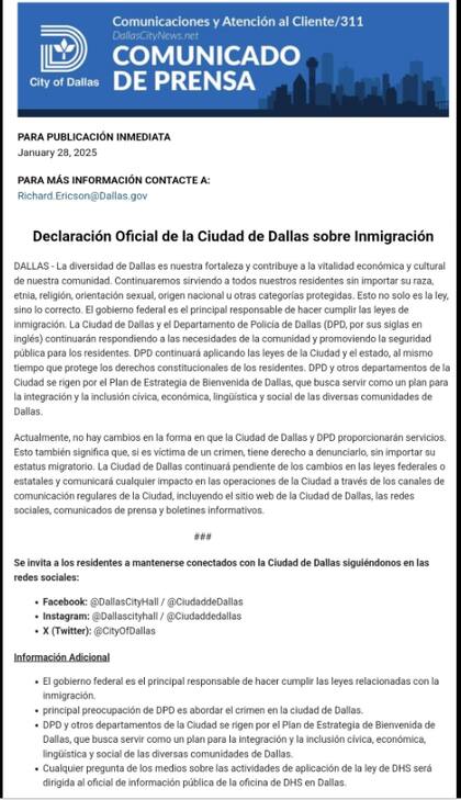 El comunicado de prensa de la Policía de Dallas emitido en redes sociales el pasado 28 de enero