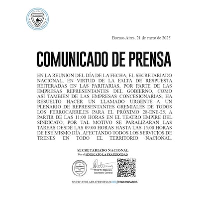 El comunicado de prensa del sindicato