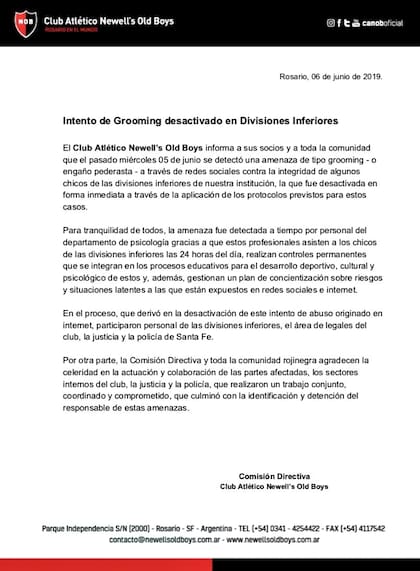 El comunicado de prensa del club rosarino