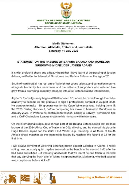 El comunicado de prensa del Ministerio de Deporte, Artes y Cultura de Sudáfrica sobre el fallecimiento de Jayden Adams