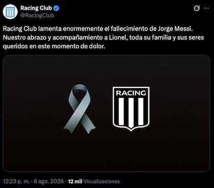 El comunicado de Racing Club en redes sociales tras conocerse la noticia