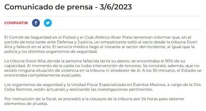 El comunicado de River tras el fallecimiento de un hincha y la suspensión contra Defensa y Justicia