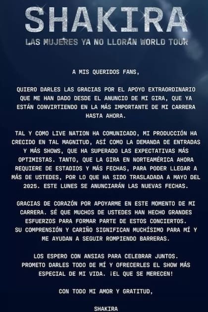 El comunicado de Shakira sobre la reprogramación de sus shows en Canadá y los Estados Unidos