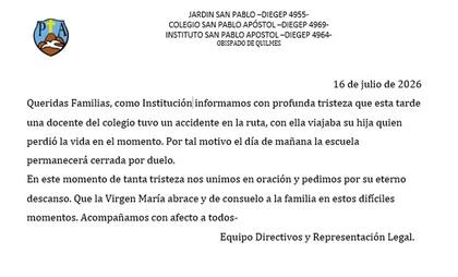 El comunicado de su institucion tras lo ocurrido