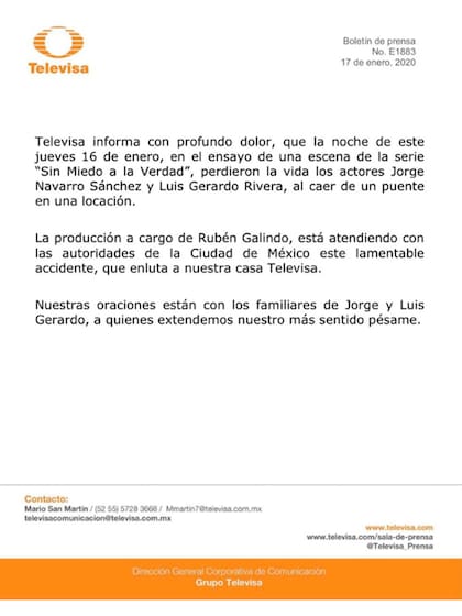 El comunicado de Telvisa informando sobre la muerte de los dos actores