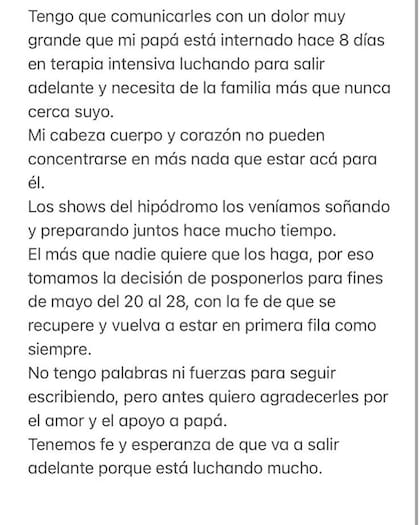 El comunicado de Tini Stoessel sobre la salud de su papá (Foto: Instagram)